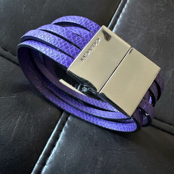 Coach Purple Leather Snakeskin Bracelet‎ Silver Tone Metal Clasp Wrap Logo - Picture 4 of 8